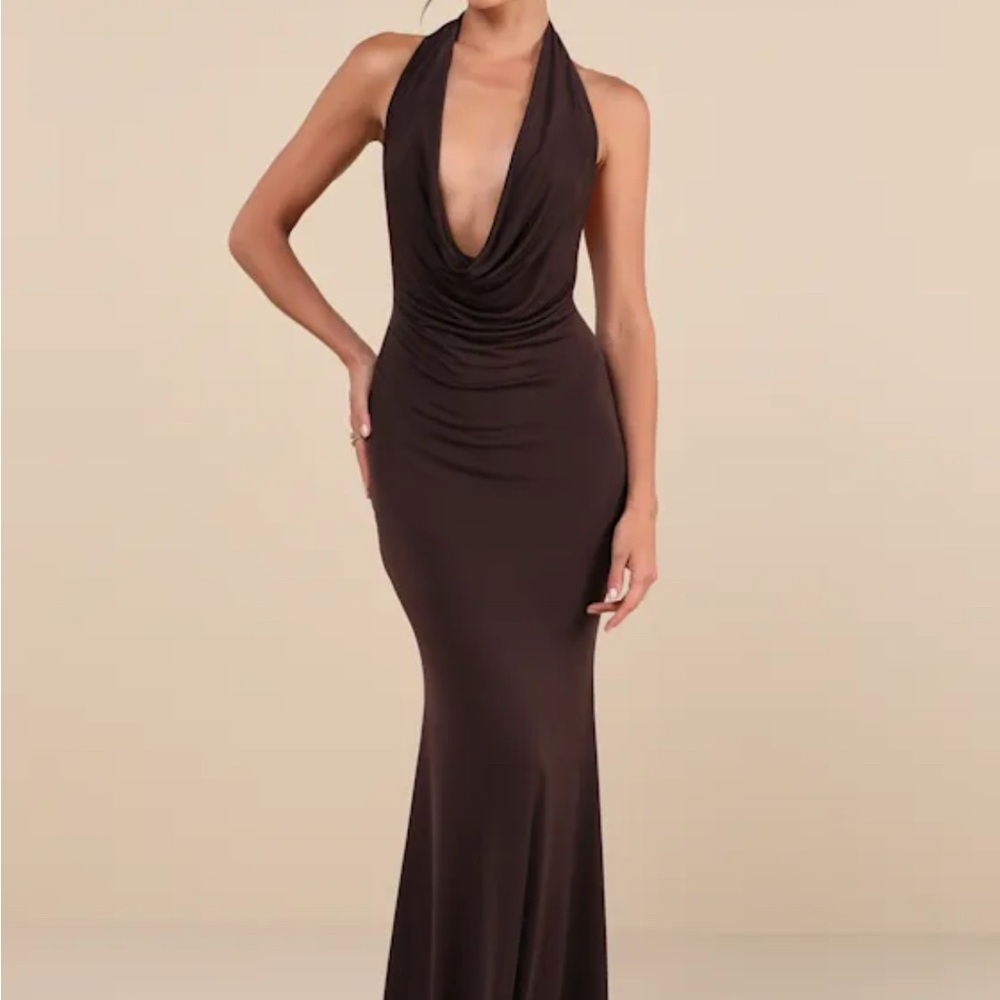 Lulu's Brown Halter Plunge Backless Gown